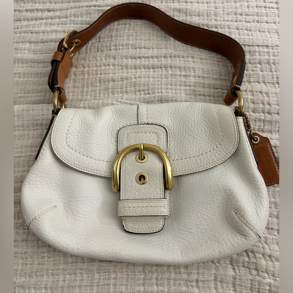 Coach White Leather Shoulder Bag with Gold Buckle and Tan Strap